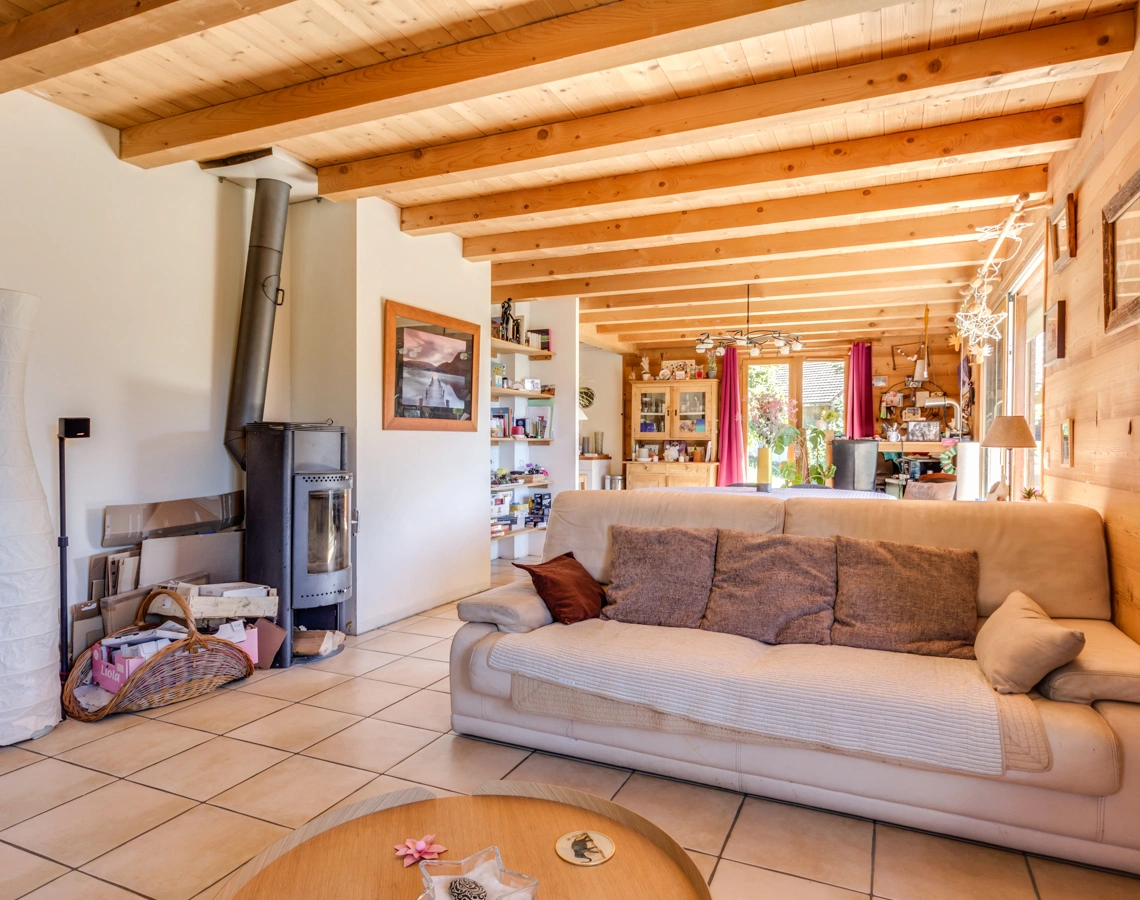 Salon avec poêle à bois