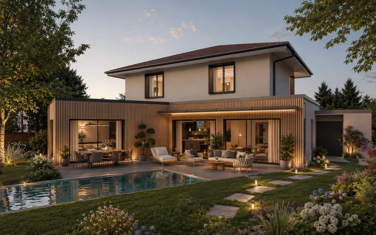 extérieur de nuit piscine